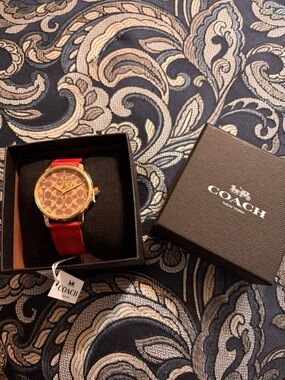 Coach Gold-Tone Watch with Red Leather Strap and Signature Dial
